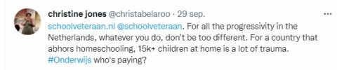 https://schoolveteraan.nl  @schoolveteraan . For all the progressivity in the Netherlands, whatever you do, don't be too different. For a country that abhors homeschooling, 15k+ children at home is a lot of trauma. #Onderwijs who's paying?
