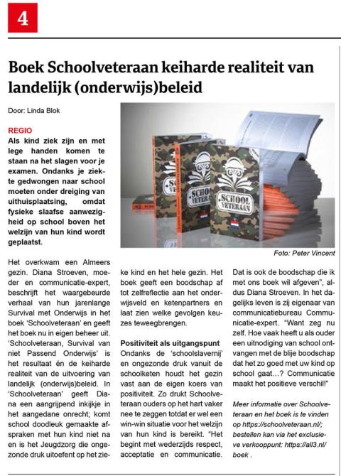 Opname van het persbericht van het boek Schoolveteraan in weekblad de Nieuwsster.